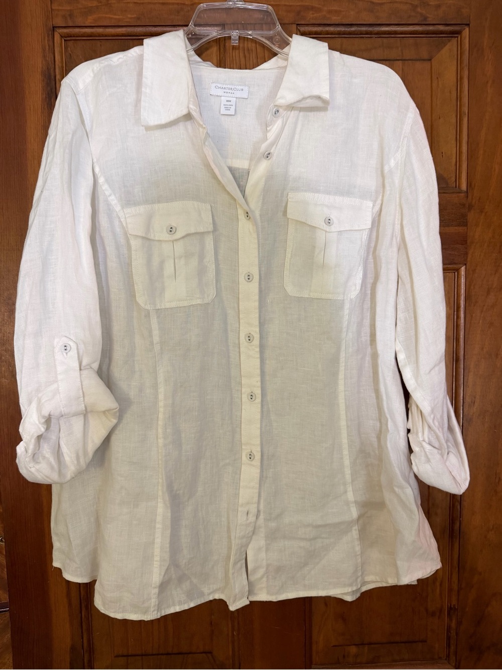 Charter Club Woman 18W White 100% Linen Button Front Shirt Roll Tab Sleeve EUC